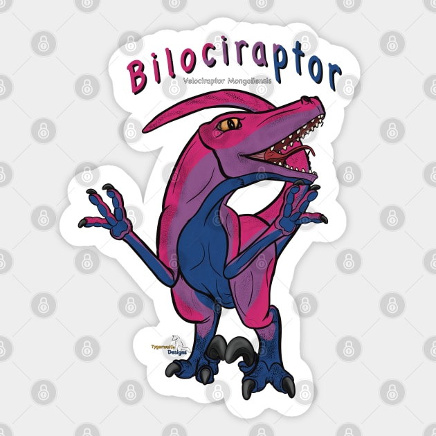 Bilociraptor (text) (scaled) - Bisexual Pride Sticker by tygerwolfe